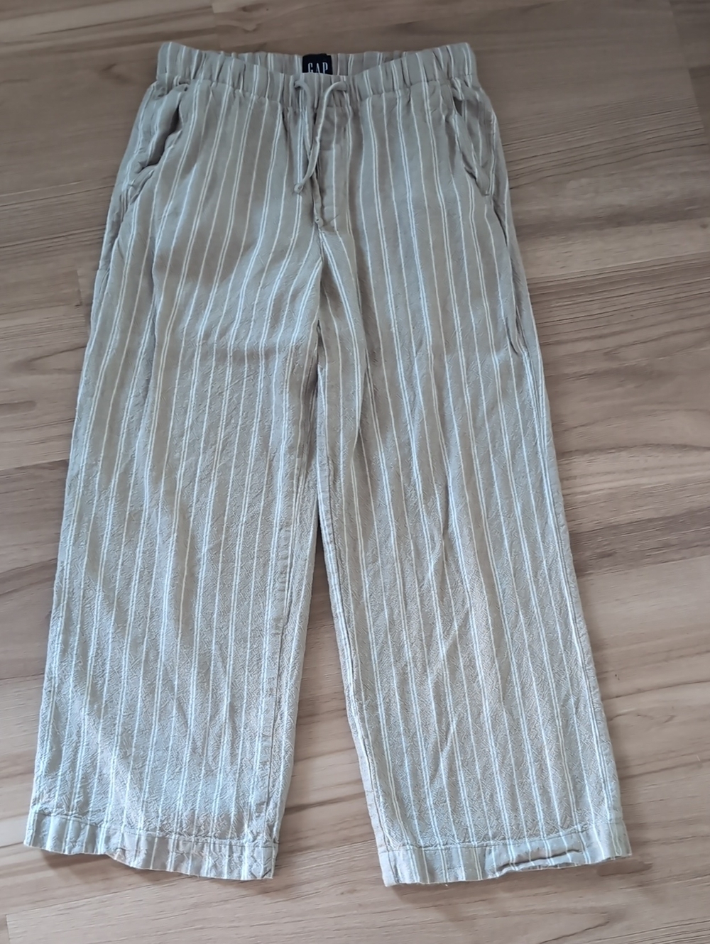 GAP Beige and White Striped Linen-Blend Drawstring Pants